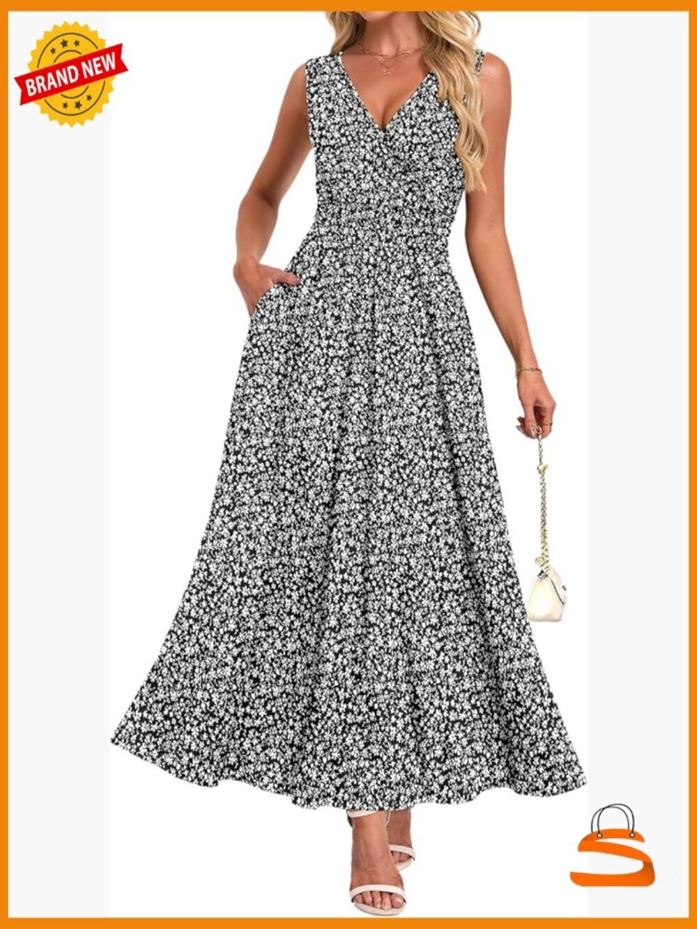 Women's Floral Maxi Dress V-Neck Smocked Empire Waist Pockets